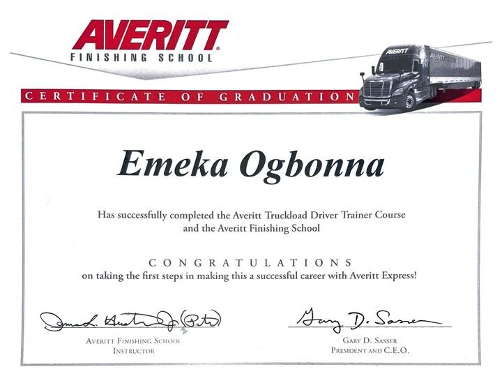 Averitt Finishing School certificate of graduation awarded to Emeka Ogbonna