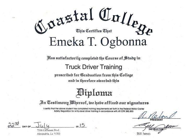 Coastal College diploma awarded to Emeka T. Ogbonna for Truck Driver Training, dated July 22, 2015