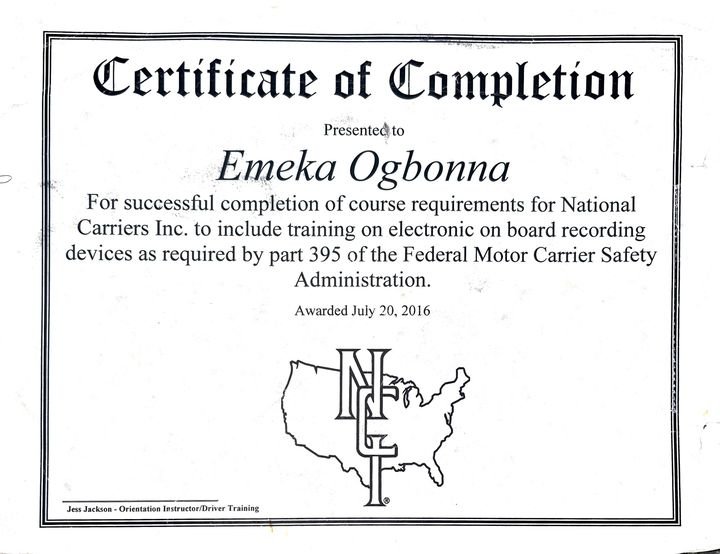 National Carriers Inc. certificate of completion presented to Emeka Ogbonna, awarded July 20, 2016