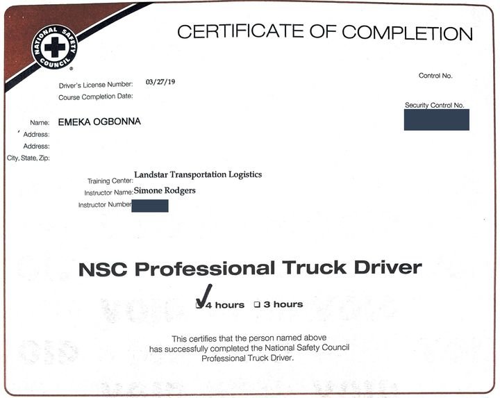 National Safety Council certificate of completion for the NSC Professional Truck Driver course, issued to Emeka Ogbonna on March 27, 2019