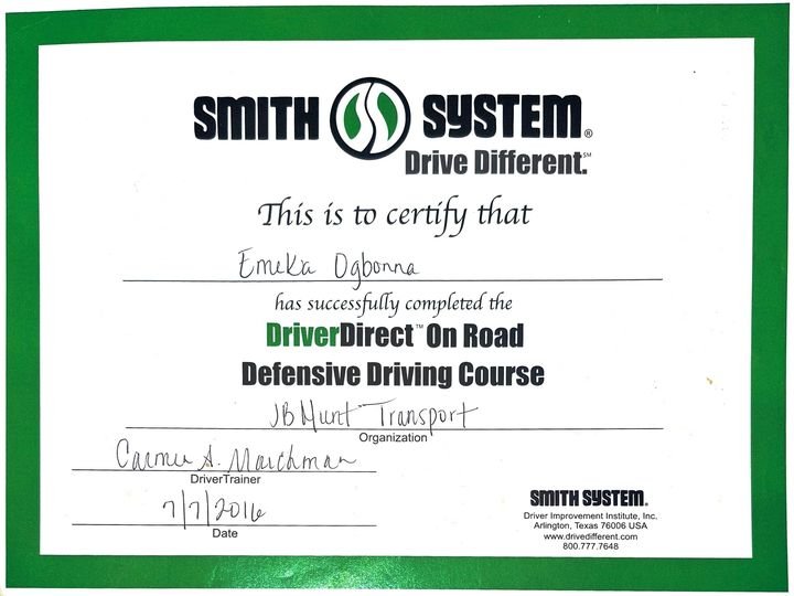 Smith System certificate showing Emeka Ogbonna completed the DriverDirect On Road Defensive Driving Course on July 7, 2016